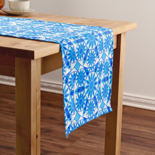Mandala Pattern, Cobalt Blue, Turquoise and White Short Table Runner (In Situ)