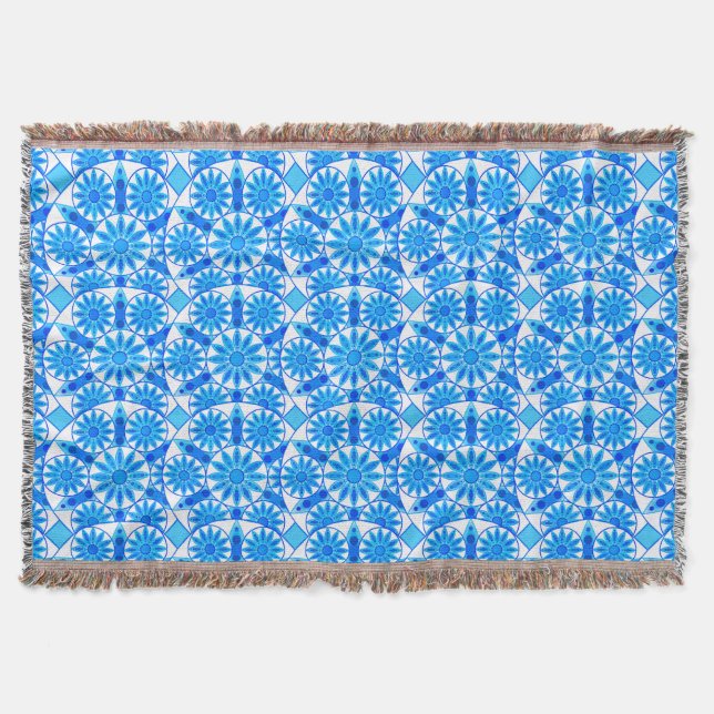 Mandala pattern, cobalt blue, turquoise and white throw blanket (Front)