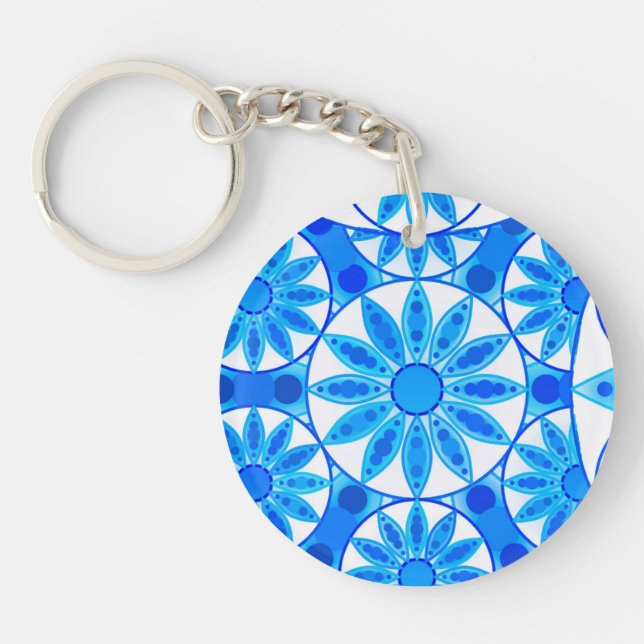 Mandala pattern, cobalt, turquoise and white keychain (Front)