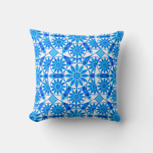 Mandala pattern, cobalt, turquoise and white throw pillow