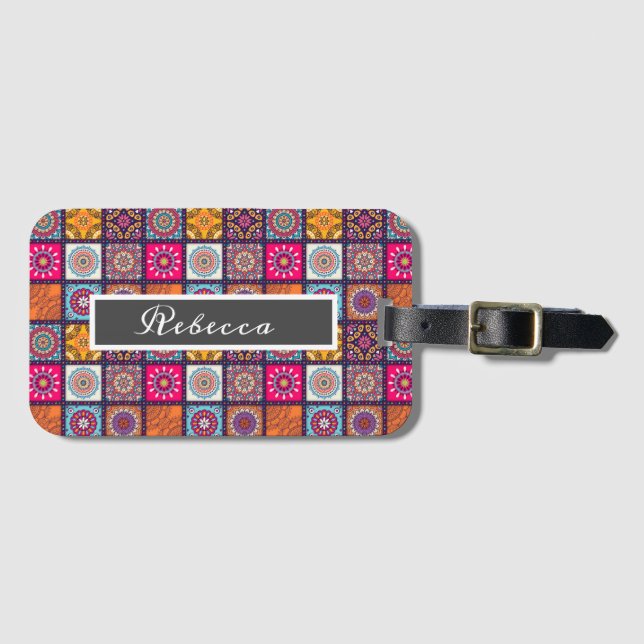 Mandala pattern colourful Moroccan name Luggage Tag (Front Horizontal)