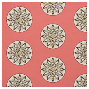 Mandala pattern, coral, brown and beige fabric