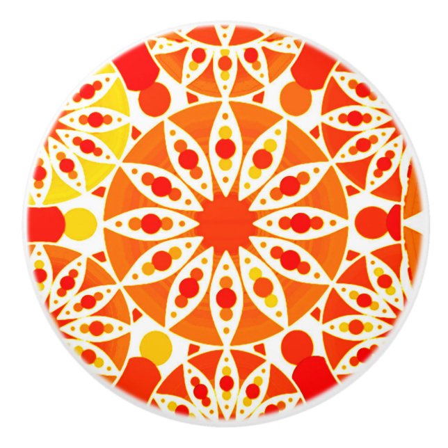 Mandala pattern, Coral Orange and Gold Ceramic Knob (Front)