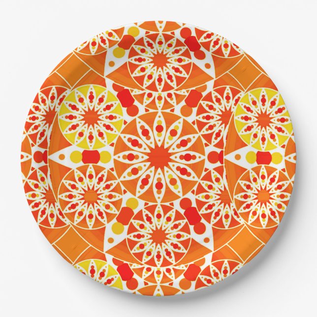 Mandala pattern, Coral Orange and Gold Paper Plate (Front)