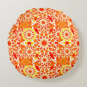 Mandala pattern, Coral Orange and Gold Round Pillow
