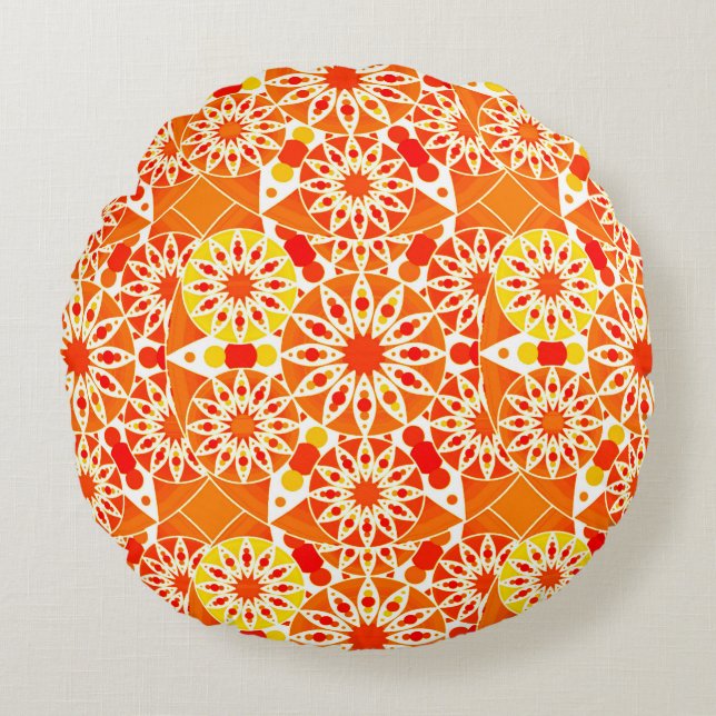 Mandala pattern, Coral Orange and Gold Round Pillow (Front)