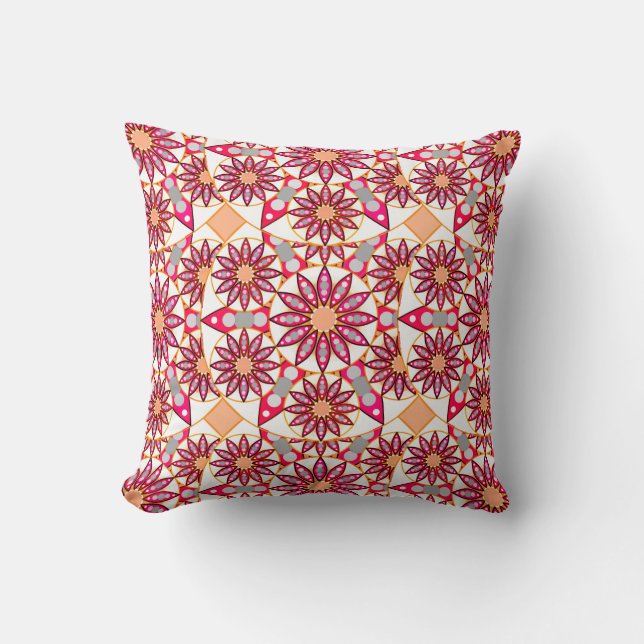 Mandala pattern, coral, peach, white and grey throw pillow (Front)