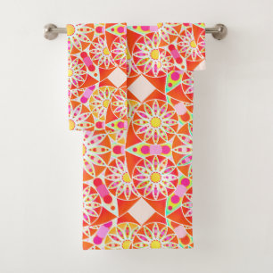 Mandala Pattern, Coral Red, Pink, Gold Bath Towel Set