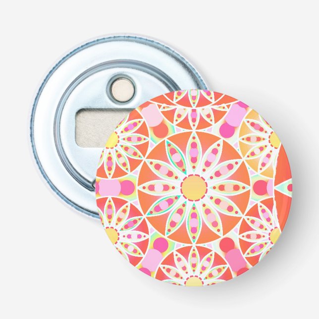 Mandala pattern, coral red, pink, gold bottle opener (Front)