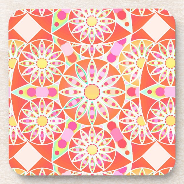 Mandala pattern, coral red, pink, gold coaster (Front)