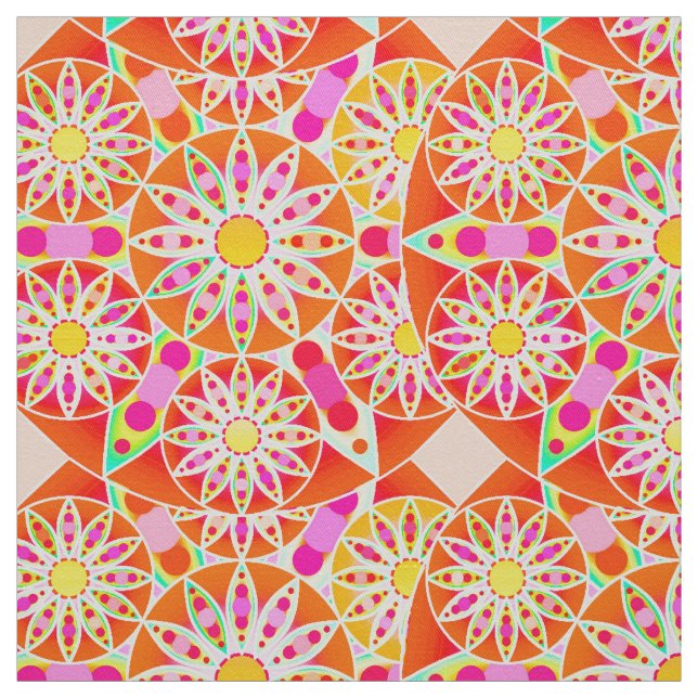 Mandala pattern, coral red, pink, gold fabric (Swatch)