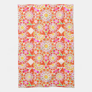 Mandala Pattern, Coral Red, Pink, Gold Kitchen Towel