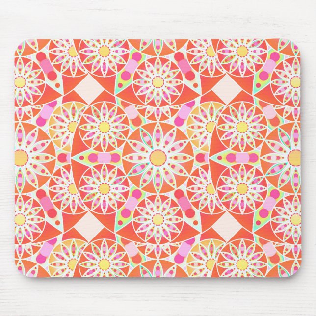 Mandala pattern, coral red, pink, gold mouse pad (Front)