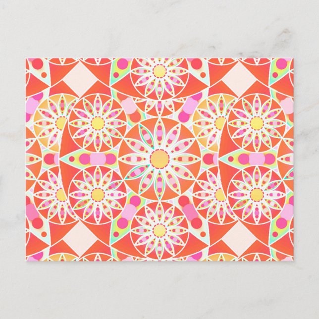 Mandala pattern, coral red, pink, gold postcard (Front)