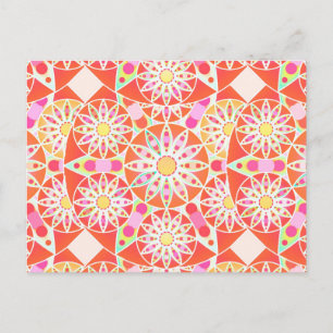 Mandala pattern, coral red, pink, gold postcard