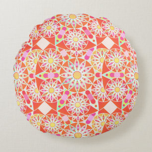 Mandala pattern, coral red, pink, gold round pillow