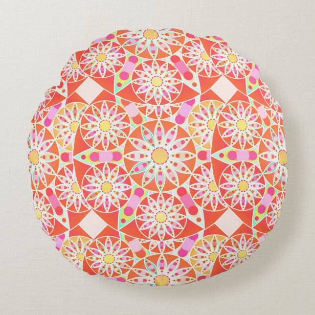 Mandala pattern, coral red, pink, gold round pillow (Front)