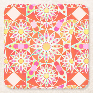 Mandala pattern, coral red, pink, gold square paper coaster