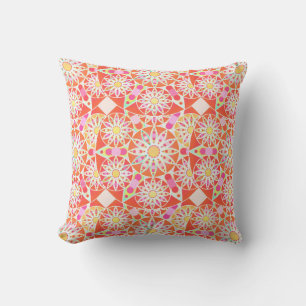 Mandala pattern, coral red, pink, gold throw pillow