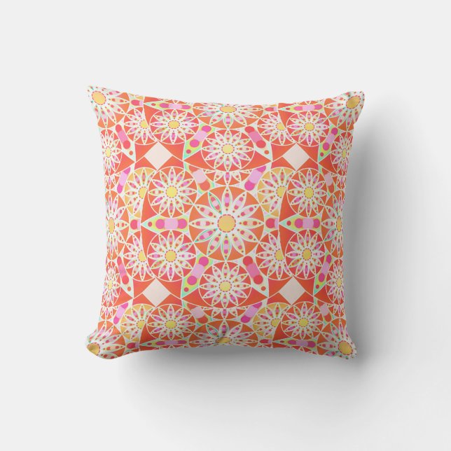 Mandala pattern, coral red, pink, gold throw pillow (Front)
