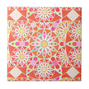 Mandala pattern, coral red, pink, gold tile