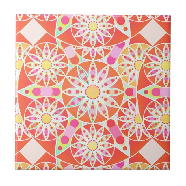 Mandala pattern, coral red, pink, gold tile (Front)