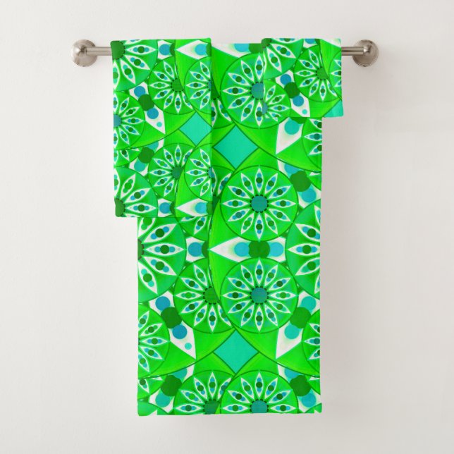 Mandala Pattern, Emerald Green and Peacock Bath Towel Set (Insitu)