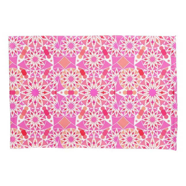 Mandala pattern, fuchsia pink and coral pillowcase (Front)
