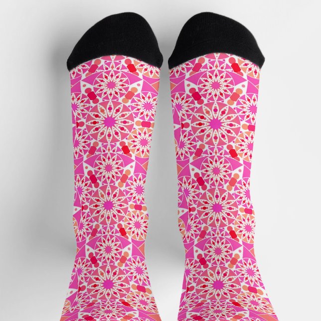 Mandala pattern, fuchsia pink and coral socks (Top)