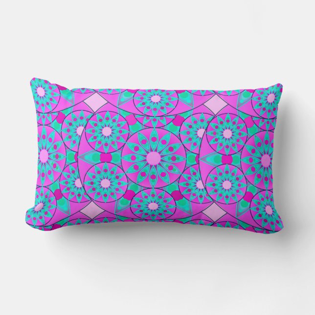 Mandala pattern, fuchsia, pink & turquoise lumbar pillow (Front)
