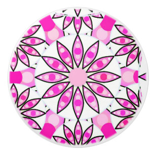 Mandala pattern, hot pink, black and white ceramic knob