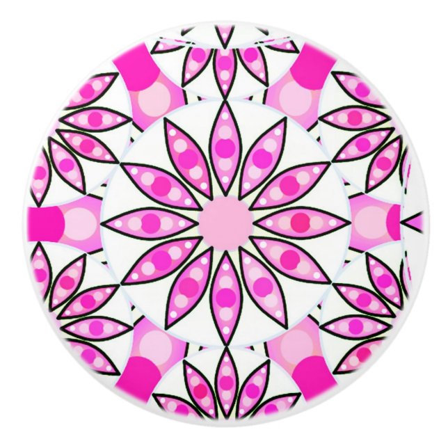 Mandala pattern, hot pink, black and white ceramic knob (Front)