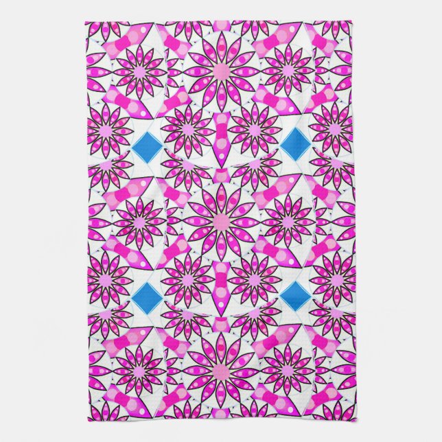 Mandala Pattern, Hot Pink, Black and White  Kitchen Towel (Vertical)