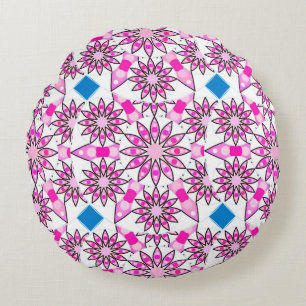 Mandala pattern, hot pink, black and white round pillow