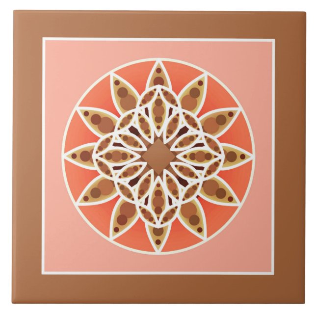 Mandala pattern in chocolate, caramel and coral tile (Front)