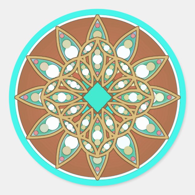 Mandala pattern in chocolate, tan and turquoise classic round sticker (Front)