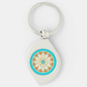 Mandala pattern in chocolate, tan and turquoise keychain