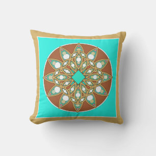 Mandala pattern in chocolate, tan and turquoise throw pillow