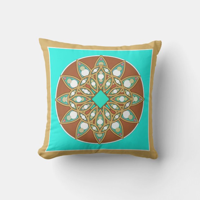 Mandala pattern in chocolate, tan and turquoise throw pillow (Front)