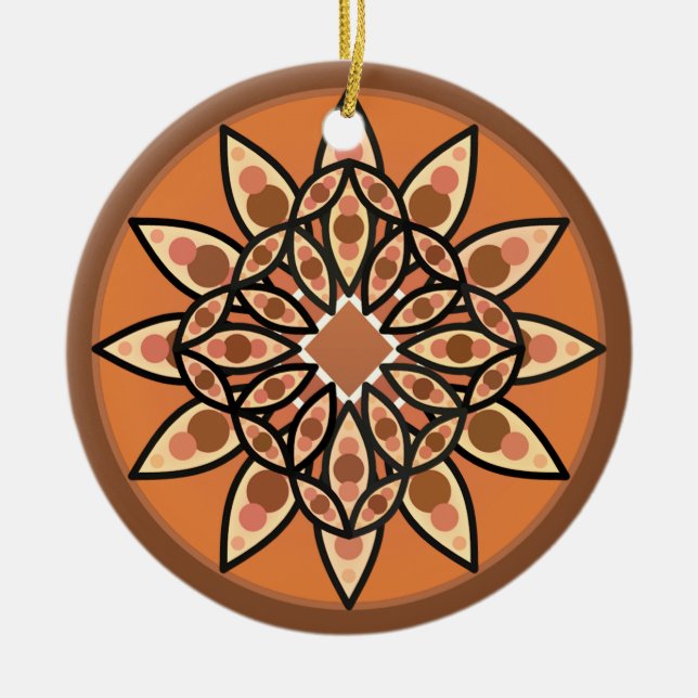Mandala pattern in chocolate, terracotta and rust ceramic ornament (Front)
