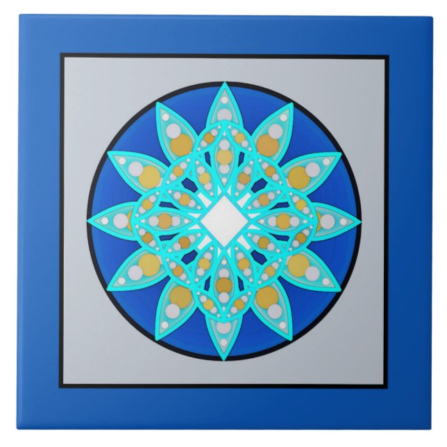 Mandala Pattern in Cobalt Blue and Grey / Grey Tile (Front)
