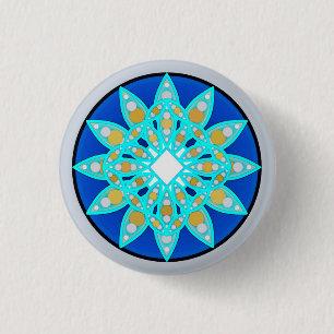Mandala pattern in cobalt, grey and turquoise 1 inch round button