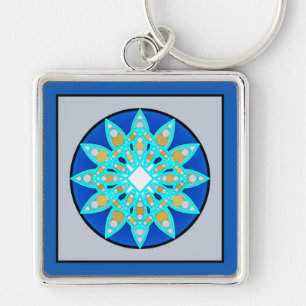 Mandala pattern in cobalt, grey and turquoise keychain