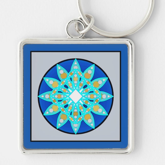 Mandala pattern in cobalt, grey and turquoise keychain (Front)