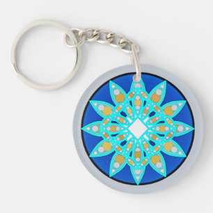 Mandala pattern in cobalt, grey and turquoise keychain