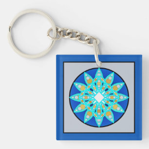 Mandala pattern in cobalt, grey and turquoise keychain