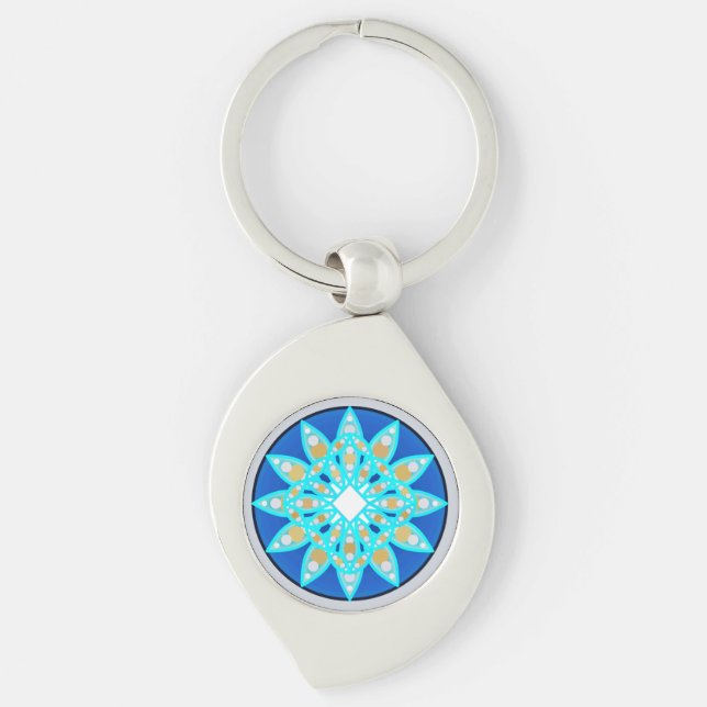 Mandala pattern in cobalt, grey and turquoise keychain (Front)