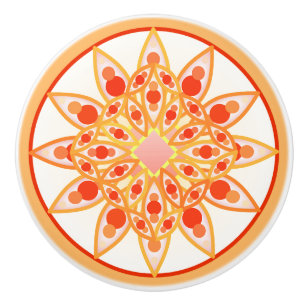 Mandala pattern in coral, orange and gold ceramic knob