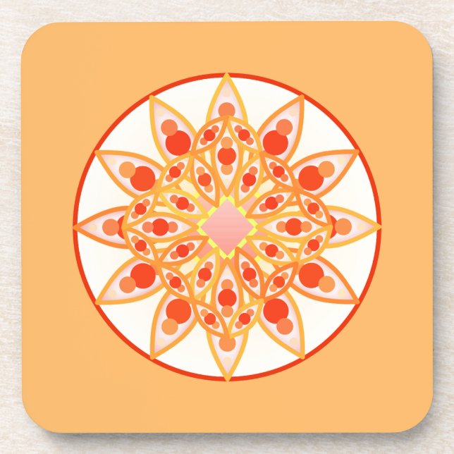 Mandala Pattern in Coral, Orange and Gold Coaster (Front)