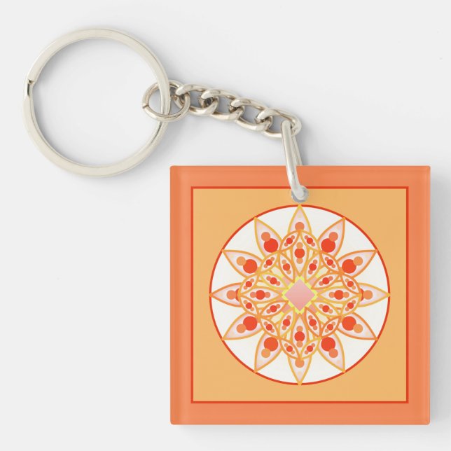 Mandala pattern in coral, orange and gold keychain (Front)